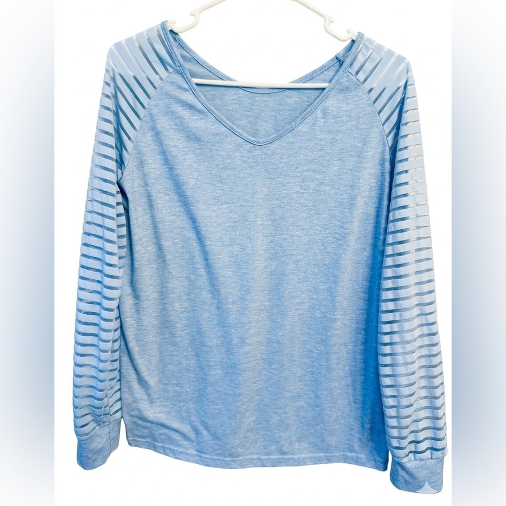 Meufam Light Blue V-Neck Top Sheer Stripe Sleeves Stretch Blouse M